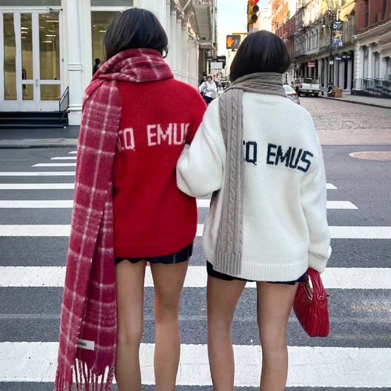 French Niche 2023 Autumn Winter Christmas Red Bestie Matching Set Reversible Letter Jacquard Round Neck Women's Sweater 23978