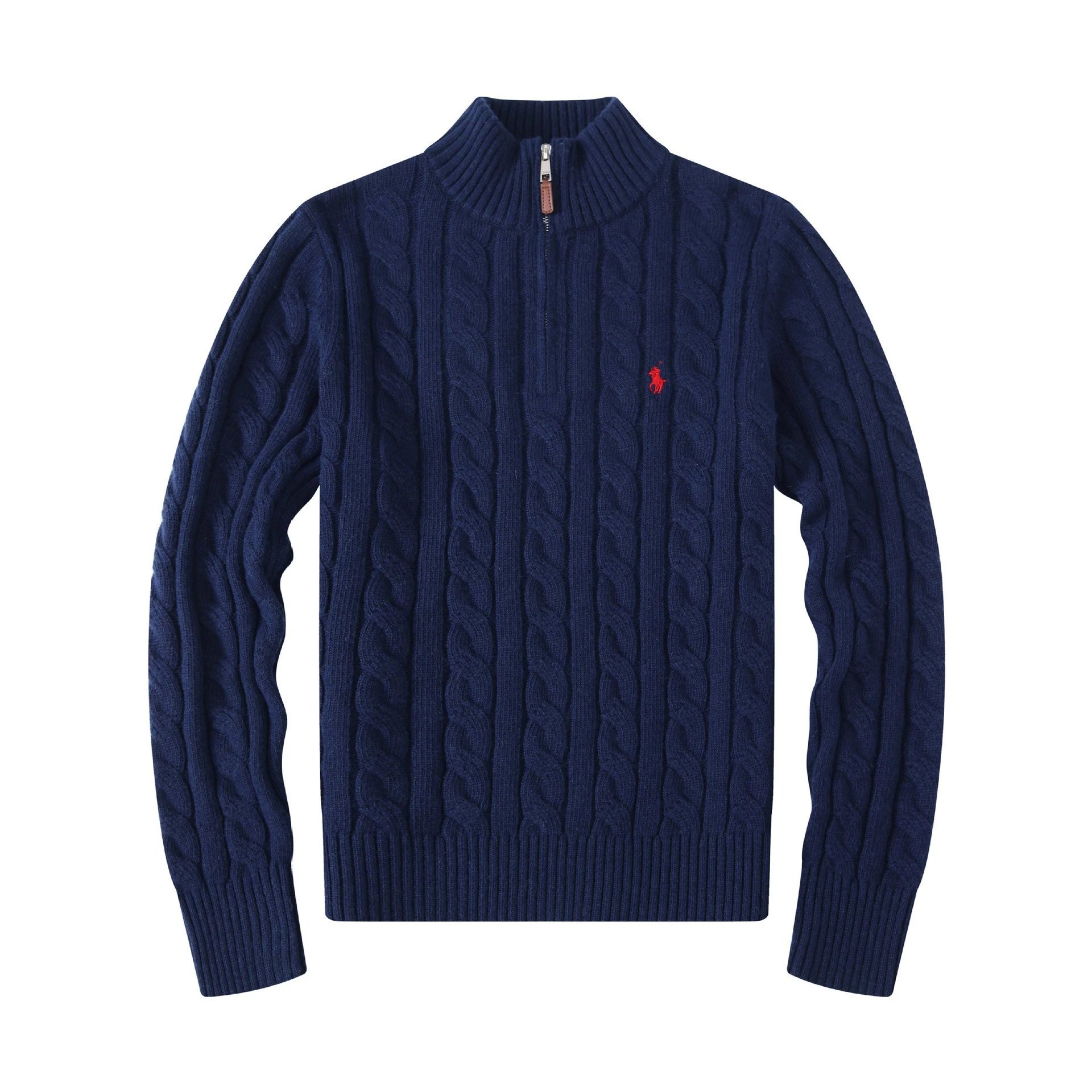 Half-height zipper navy blue sweater [little red horse]