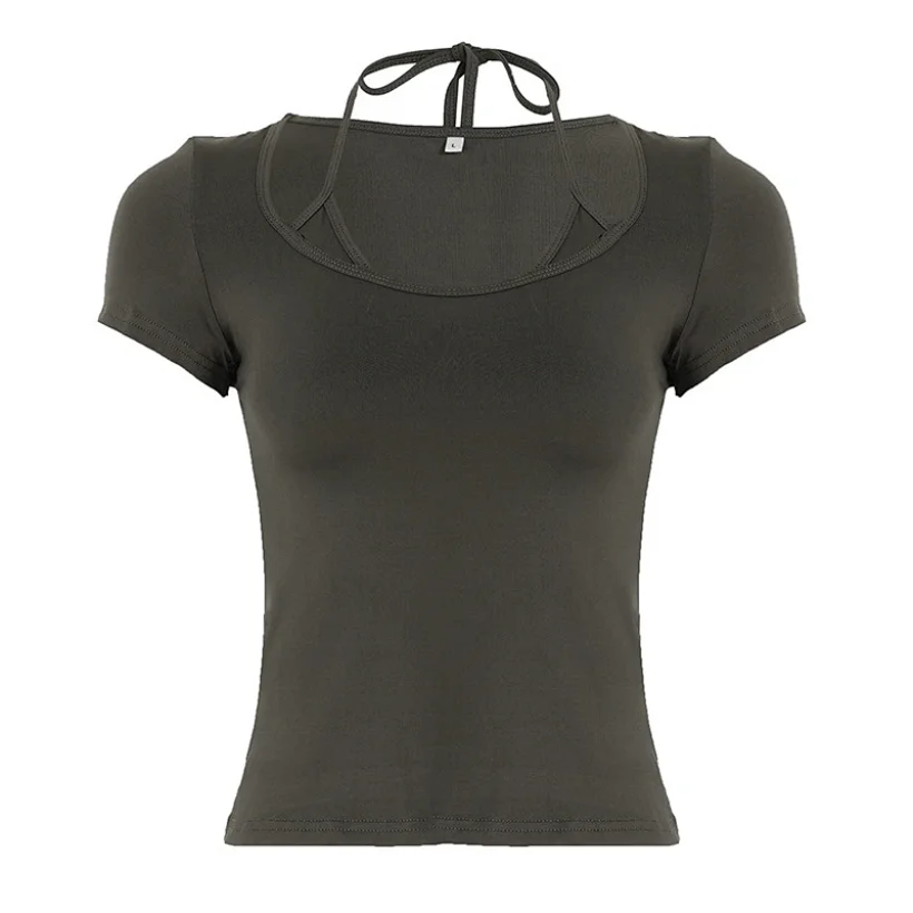 Strapless, square-neck tight short-sleeved shirt