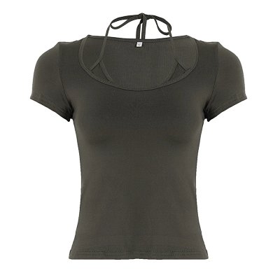 Strapless, square-neck tight short-sleeved shirt