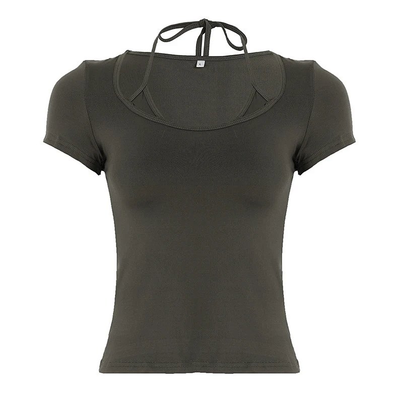 Strapless, square-neck tight short-sleeved shirt