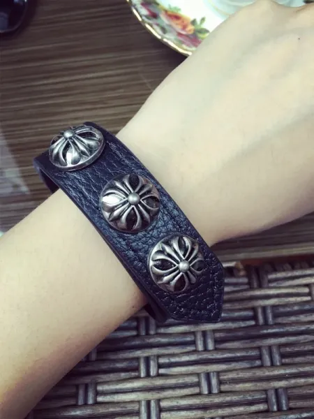 Chrome Hearts Floral Stud Leather Cuff Bracelet Black Jewelry - 3