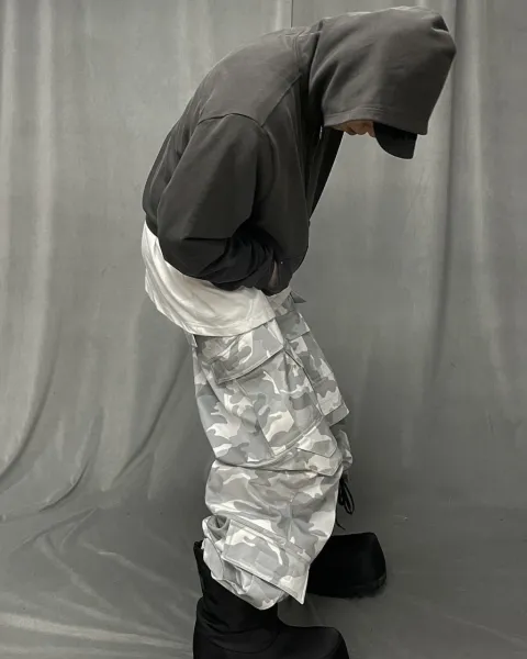 Design Oversized Hoodie with Gray Camo Cargo Pants and Chunky Boots - 1