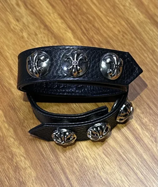 Chrome Hearts Fleur-de-Lis Leather Cuff Bracelet Black Jewelry - 1