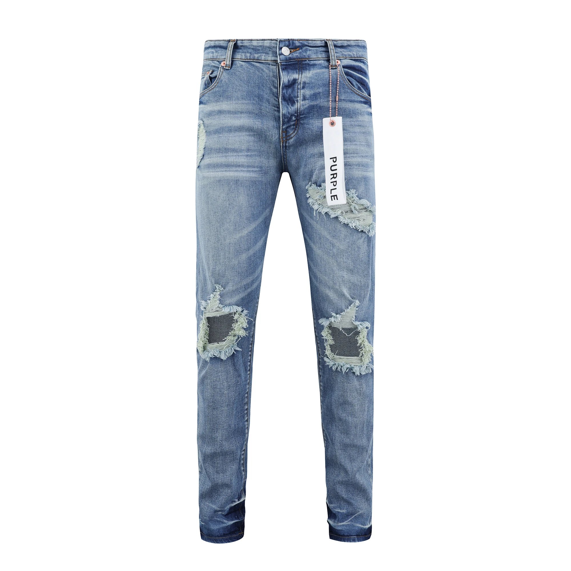 Purple Denim Jeans Light Blue Distressed Slim Fit