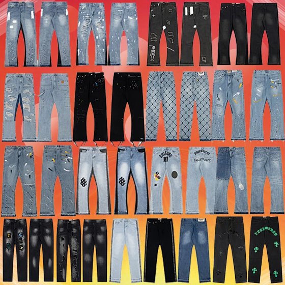 External single splashed ink graffiti micro horn splicing with holes, casual loose jeans, long pants, trendy