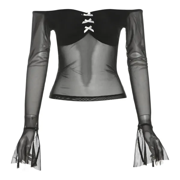Design Sheer Lace-Up Off-Shoulder Top Black - 1