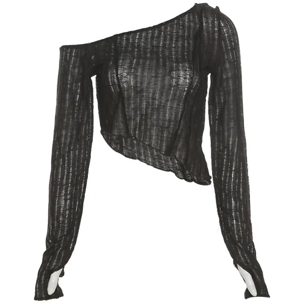 Design Asymmetrical Sheer Knit Top Black - 1