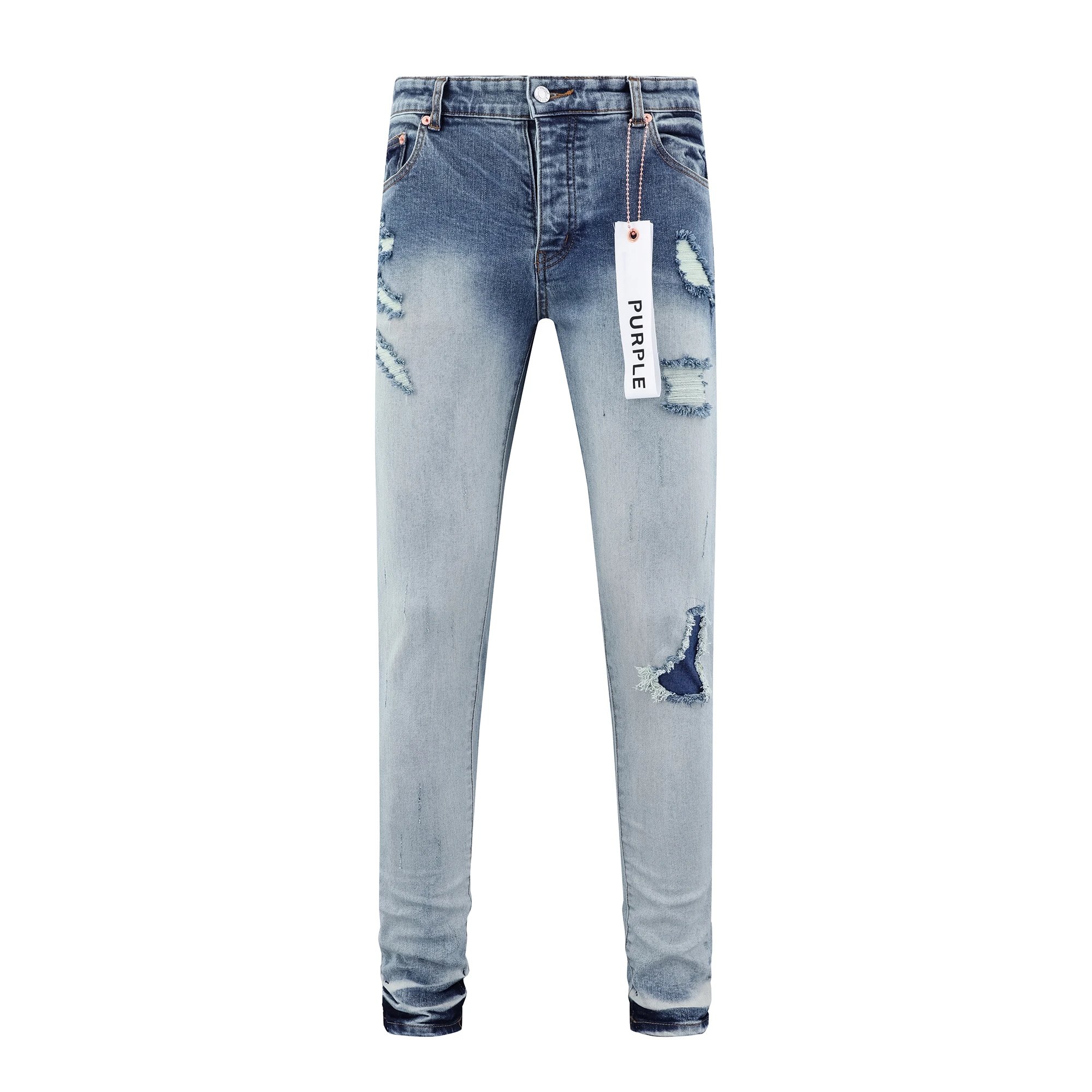 Purple Denim Jeans Light Blue Distressed Slim Fit