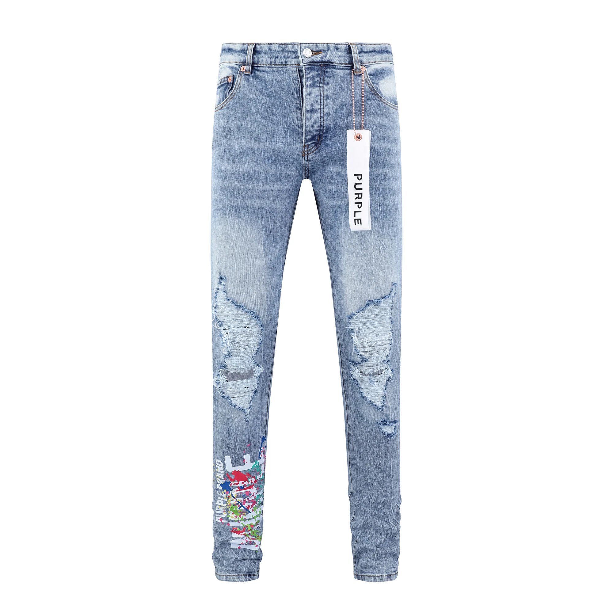 Purple Denim Jeans Light Blue Distressed Slim Fit