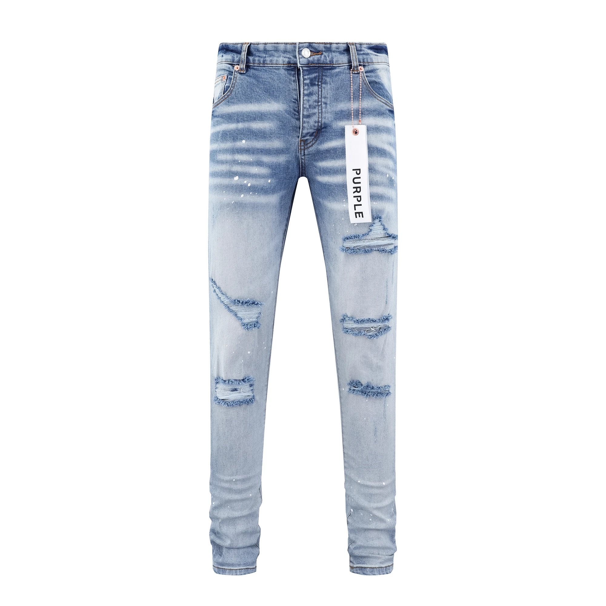 Purple Denim Jeans Light Blue Distressed Slim Fit
