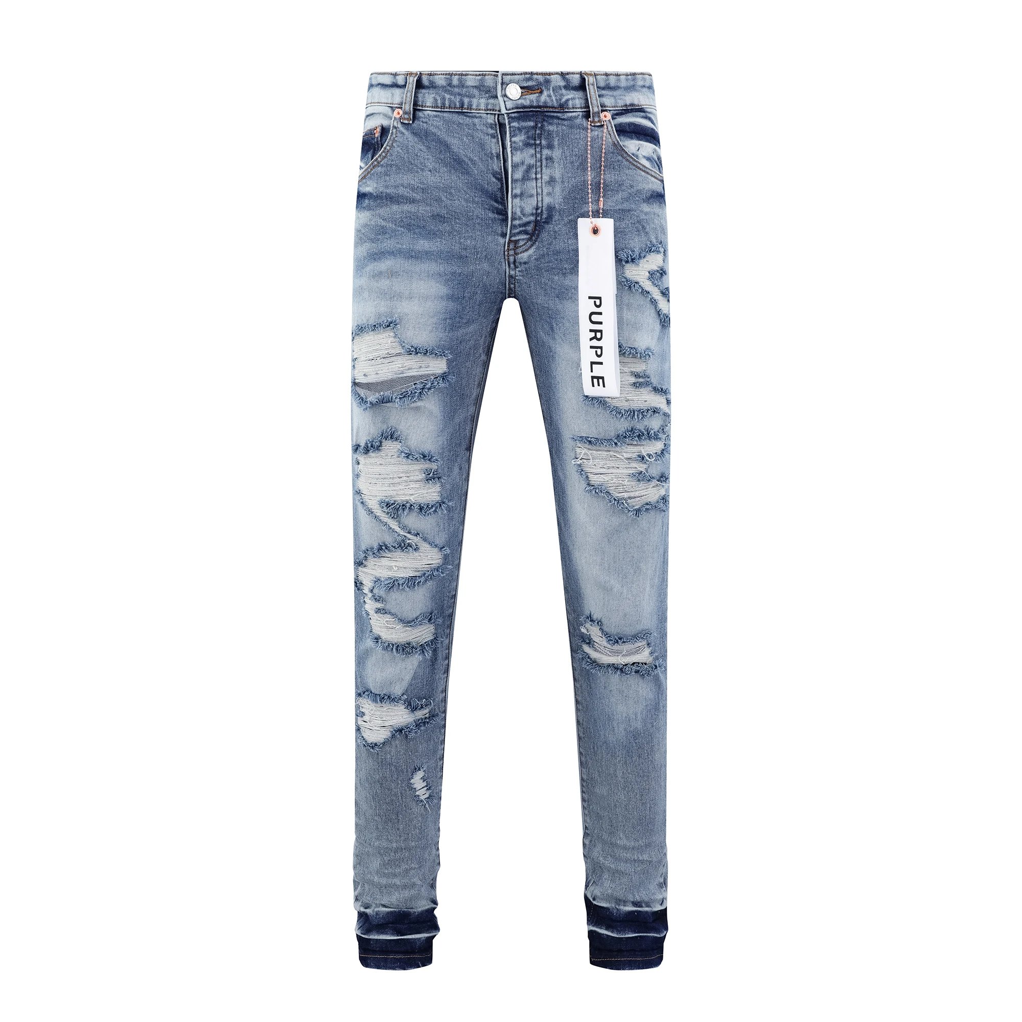 Purple Denim Jeans Light Blue Distressed Slim Fit