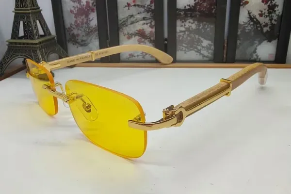 Design Rimless Yellow Tinted Sunglasses with Gold-tone Metal and Wood Temple Eyewear - 1