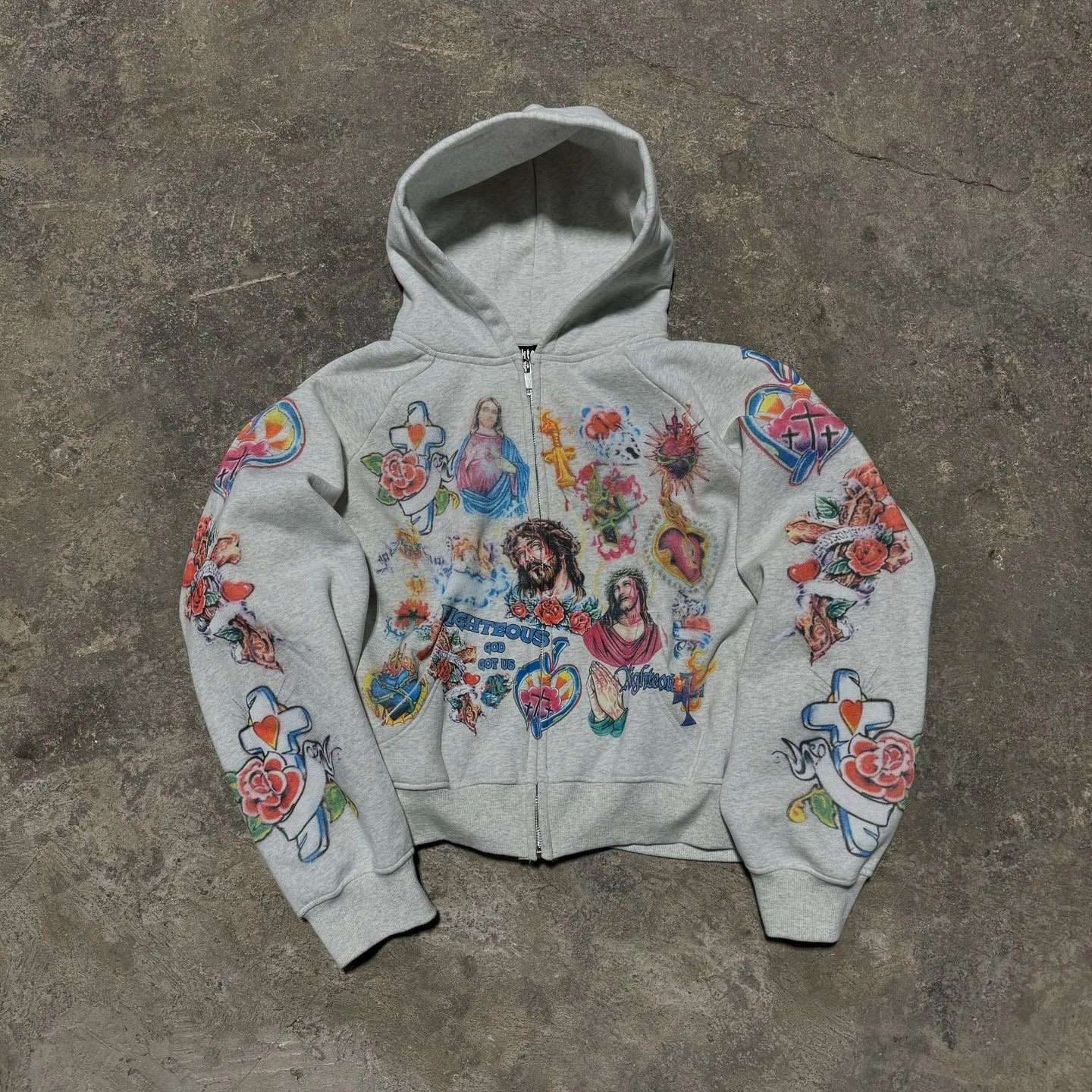 American Street Retro Baroque Style Gothic Cross Old School Print Hooded Sweatshirt Cardigan