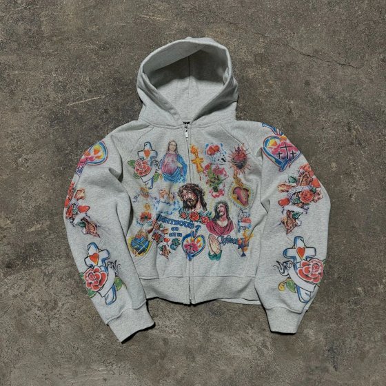 American Street Retro Baroque Style Gothic Cross Old School Print Hooded Sweatshirt Cardigan