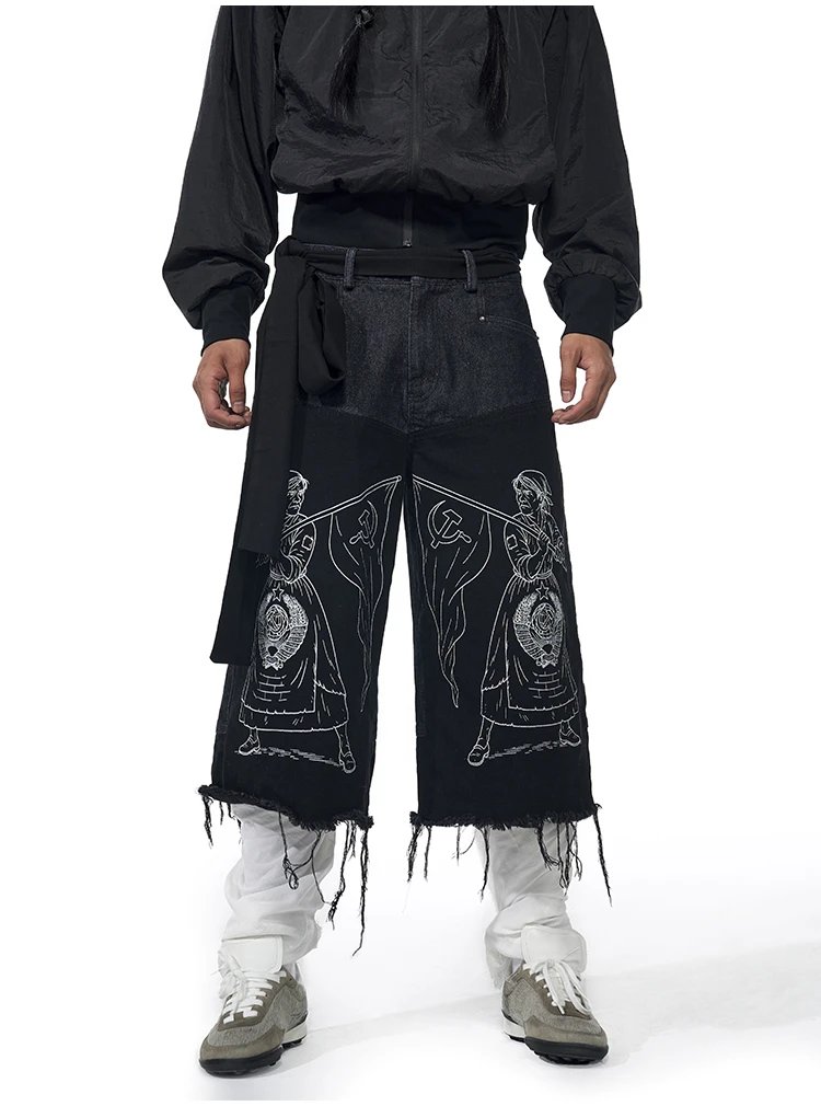 Design Fourth3ex Soviet Propaganda Print Wide-Leg Denim Pants Black Jeans - 4