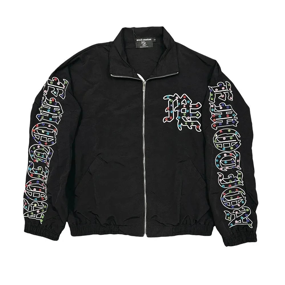 Mixed Emotion Crystal-Embroidered Windbreaker Black Jacket