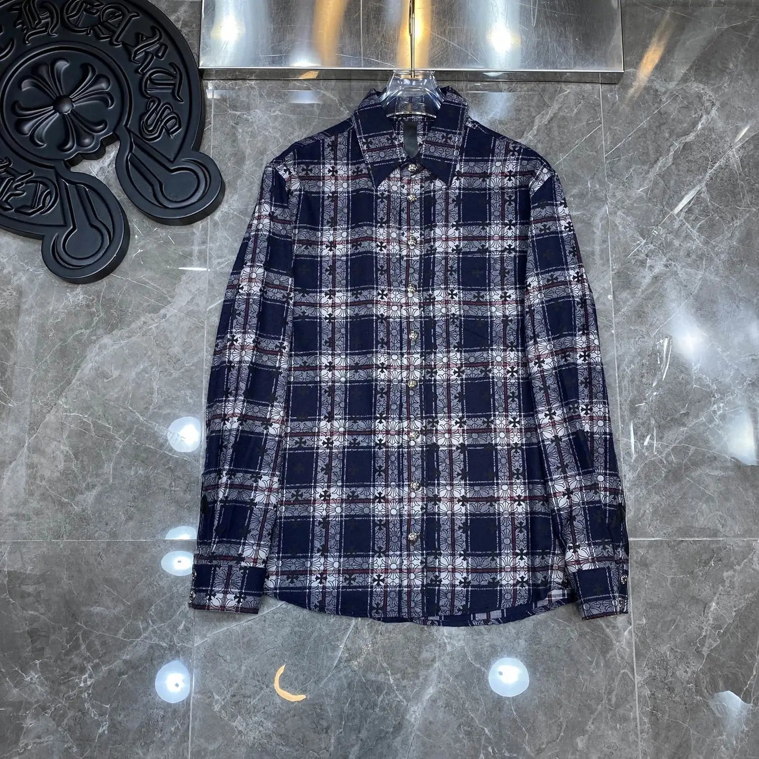 24SS CH Heavy Industry Classic Patchwork Leather Shadow Plaid Shirt Unisex Cross-border Exclusive