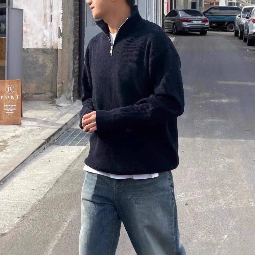 Autumn Winter Half High Neck Zip Knit Sweater photo 2