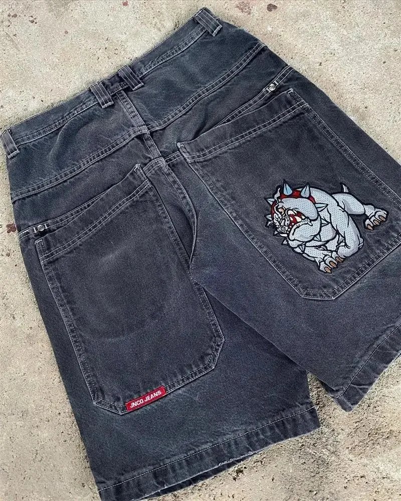 JNCO Shorts Wide-Leg Denim with Embroidered Back-Pocket Graphic — D13 Black and Gray
