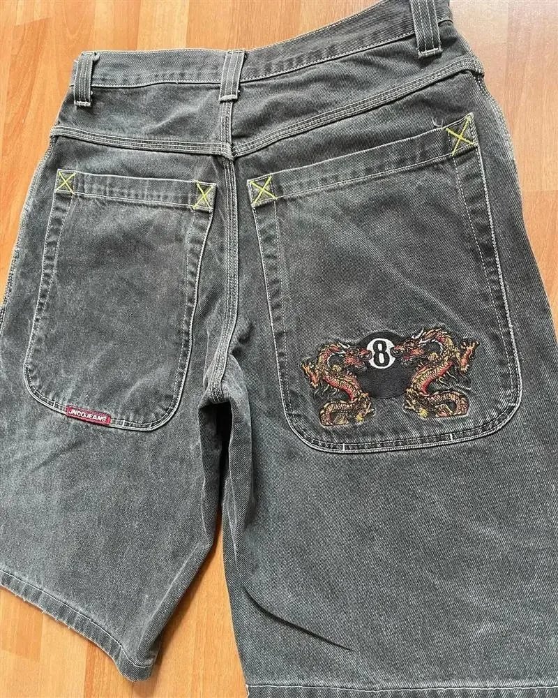 JNCO Shorts Wide-Leg Denim with Embroidered Back-Pocket Graphic — D23 black and gray