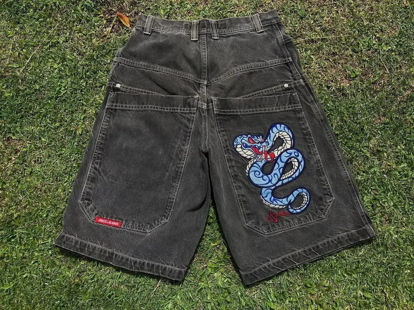 JNCO Shorts Wide-Leg Denim with Embroidered Back-Pocket Graphic — D15 Black and Gray