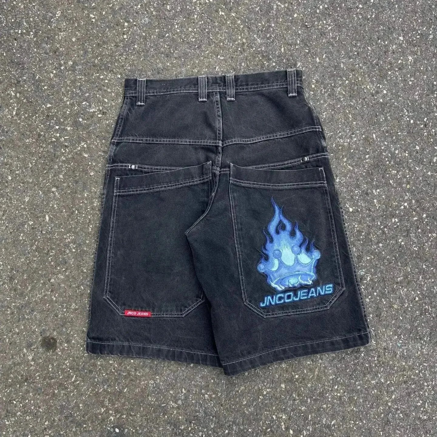 JNCO Shorts Wide-Leg Denim with Embroidered Back-Pocket Graphic — D08 Black and Gray