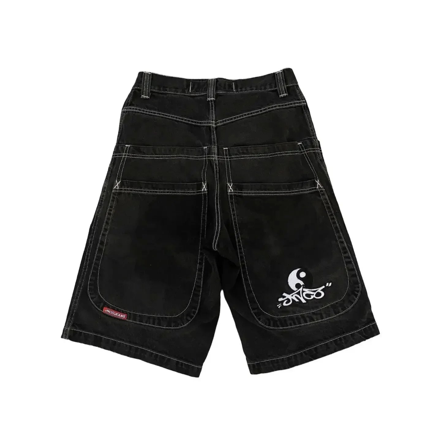 JNCO Shorts Wide-Leg Denim with Embroidered Back-Pocket Graphic — D18 black and gray