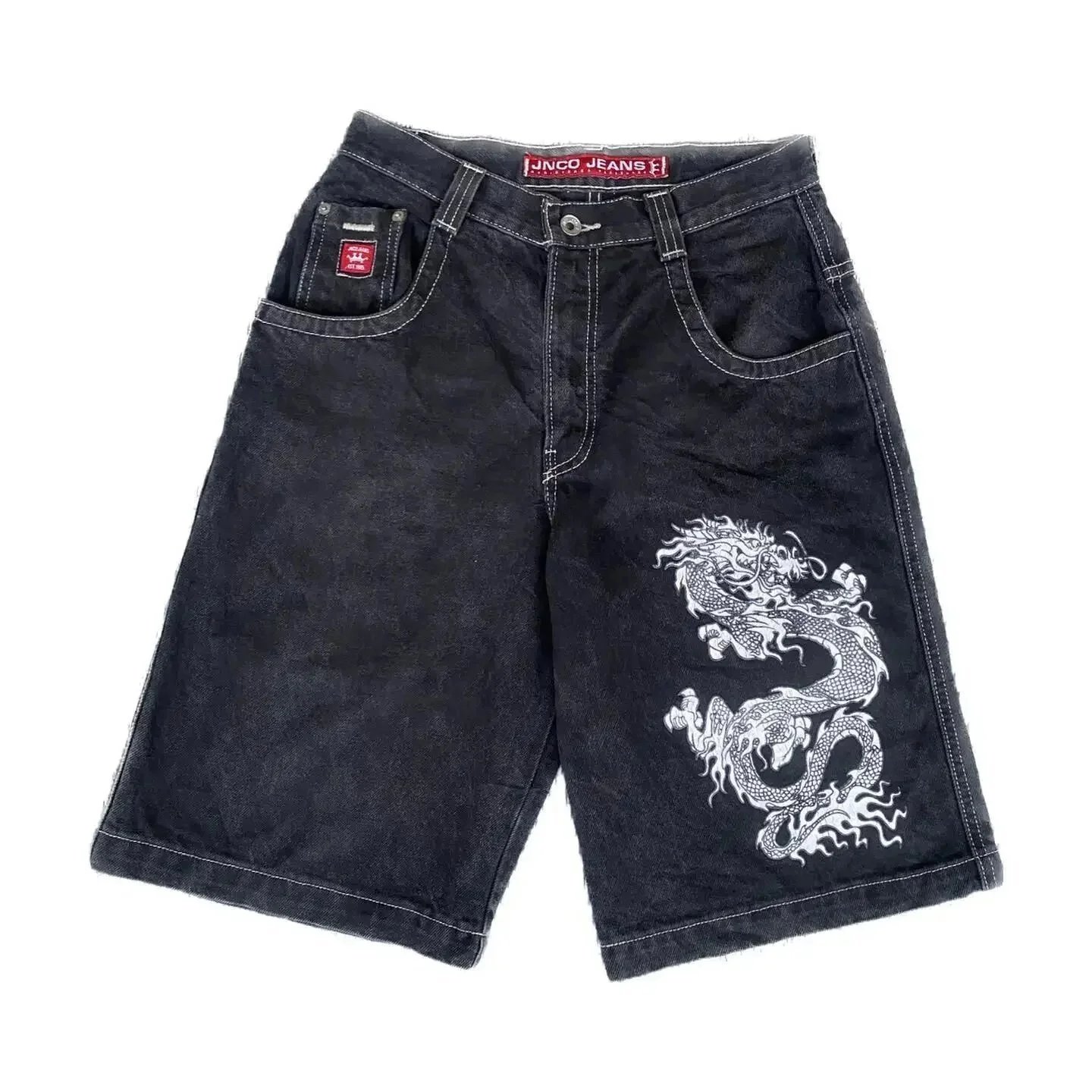 JNCO Shorts Wide-Leg Denim with Embroidered Back-Pocket Graphic — D03 Black and Gray