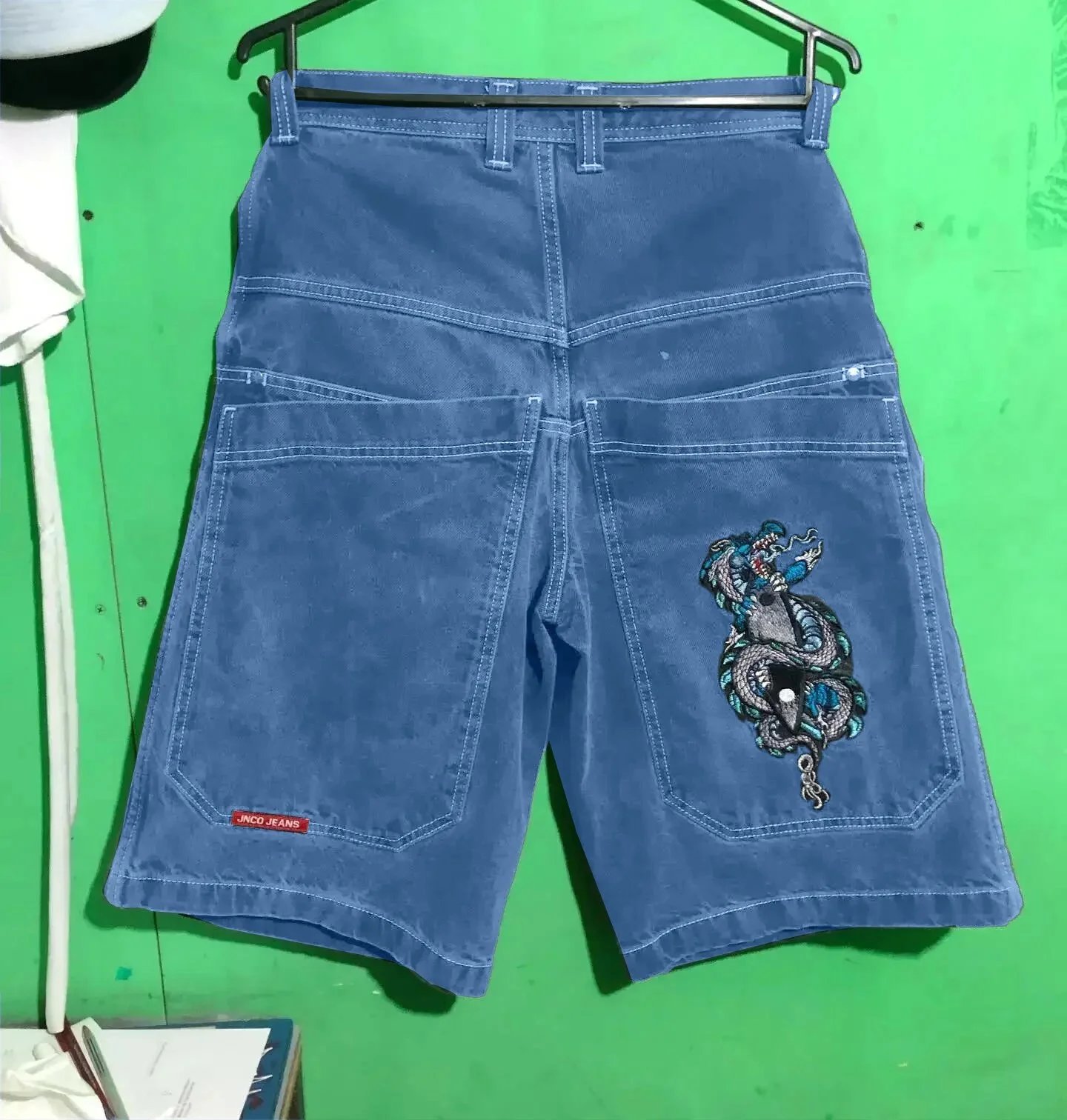 JNCO Shorts Wide-Leg Denim with Embroidered Back-Pocket Graphic — D04 blue
