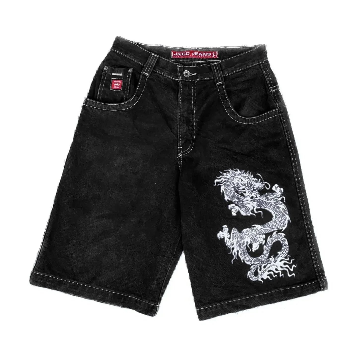 JNCO Shorts Wide-Leg Denim with Embroidered Back-Pocket Graphic — D03 Black
