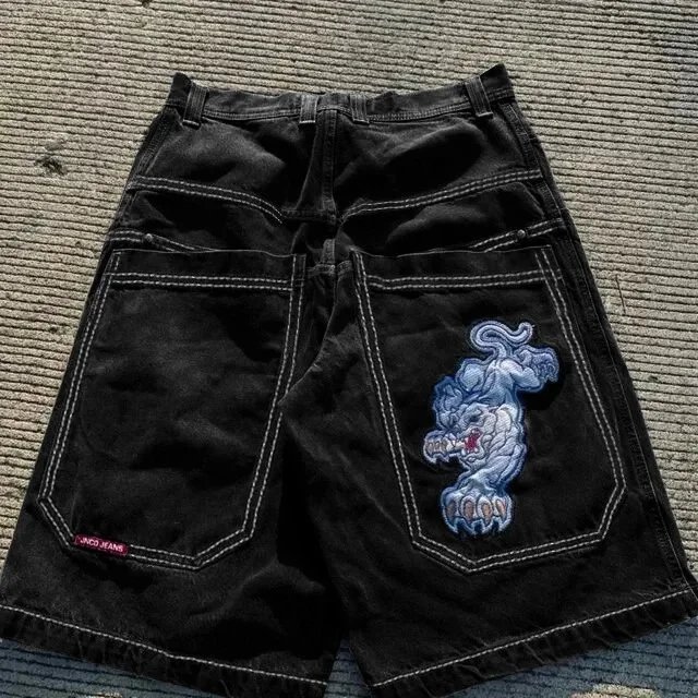 JNCO Shorts Wide-Leg Denim with Embroidered Back-Pocket Graphic — D06 black