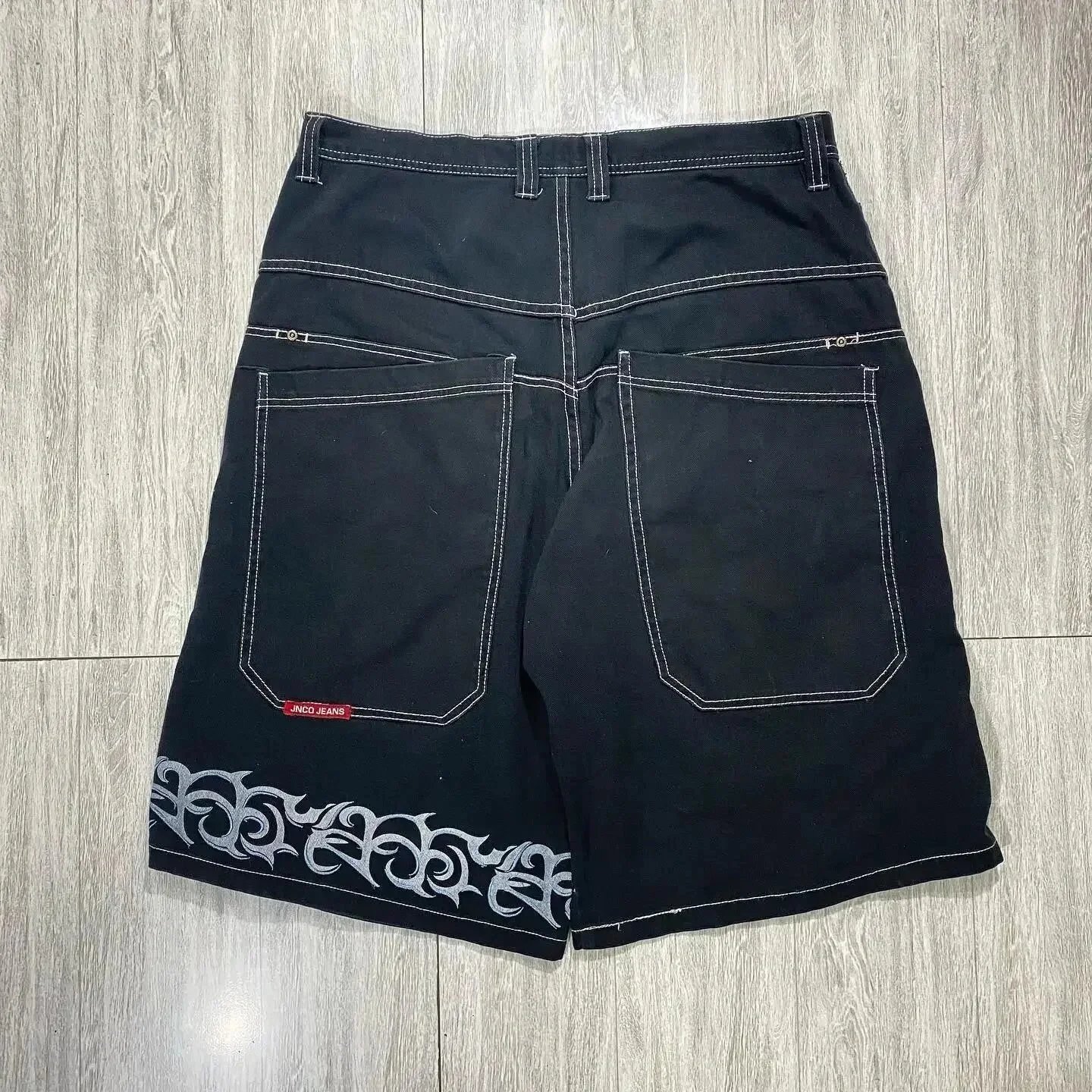 JNCO Shorts Wide-Leg Denim with Embroidered Back-Pocket Graphic — D09 Black and Gray
