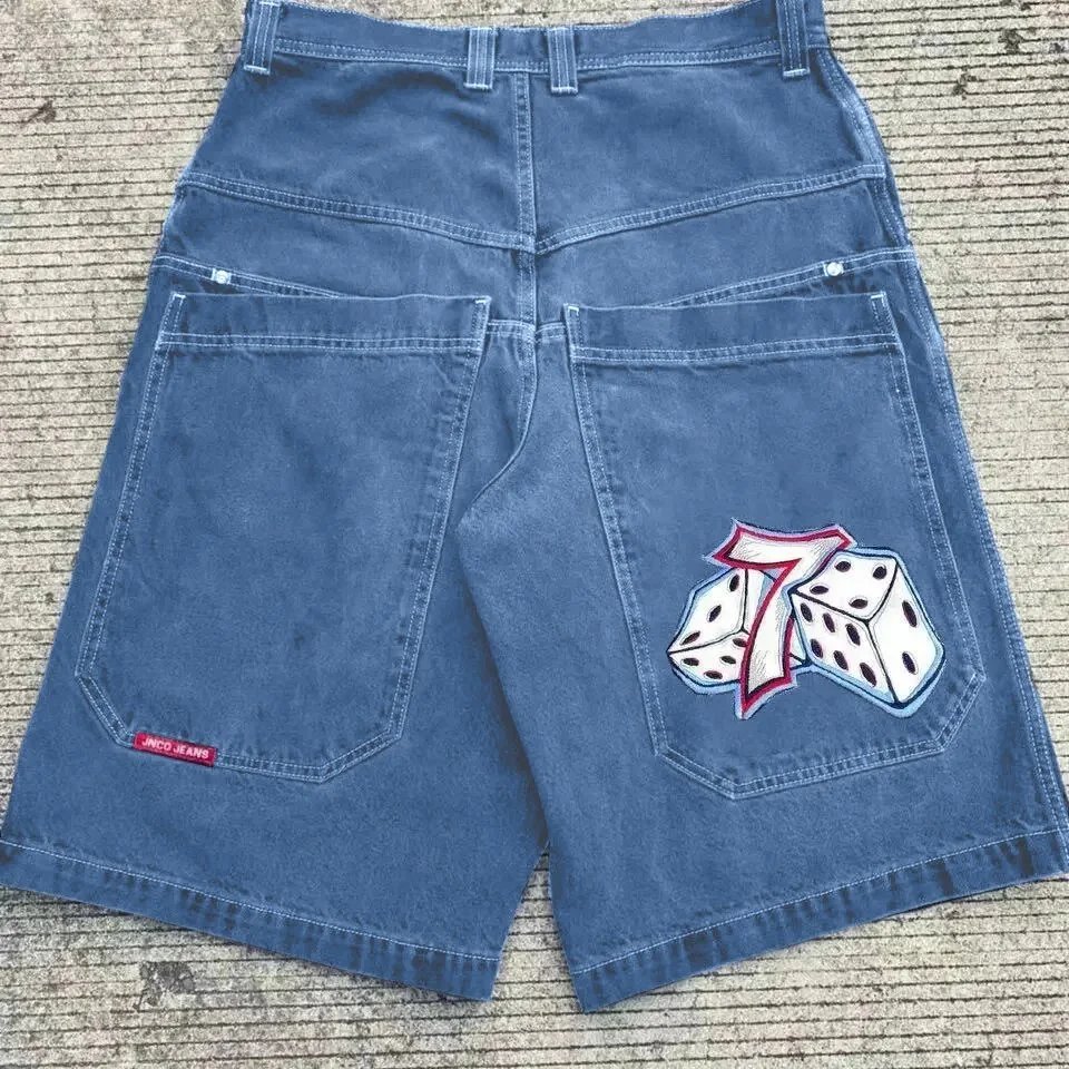JNCO Shorts Wide-Leg Denim with Embroidered Back-Pocket Graphic — D01 blue