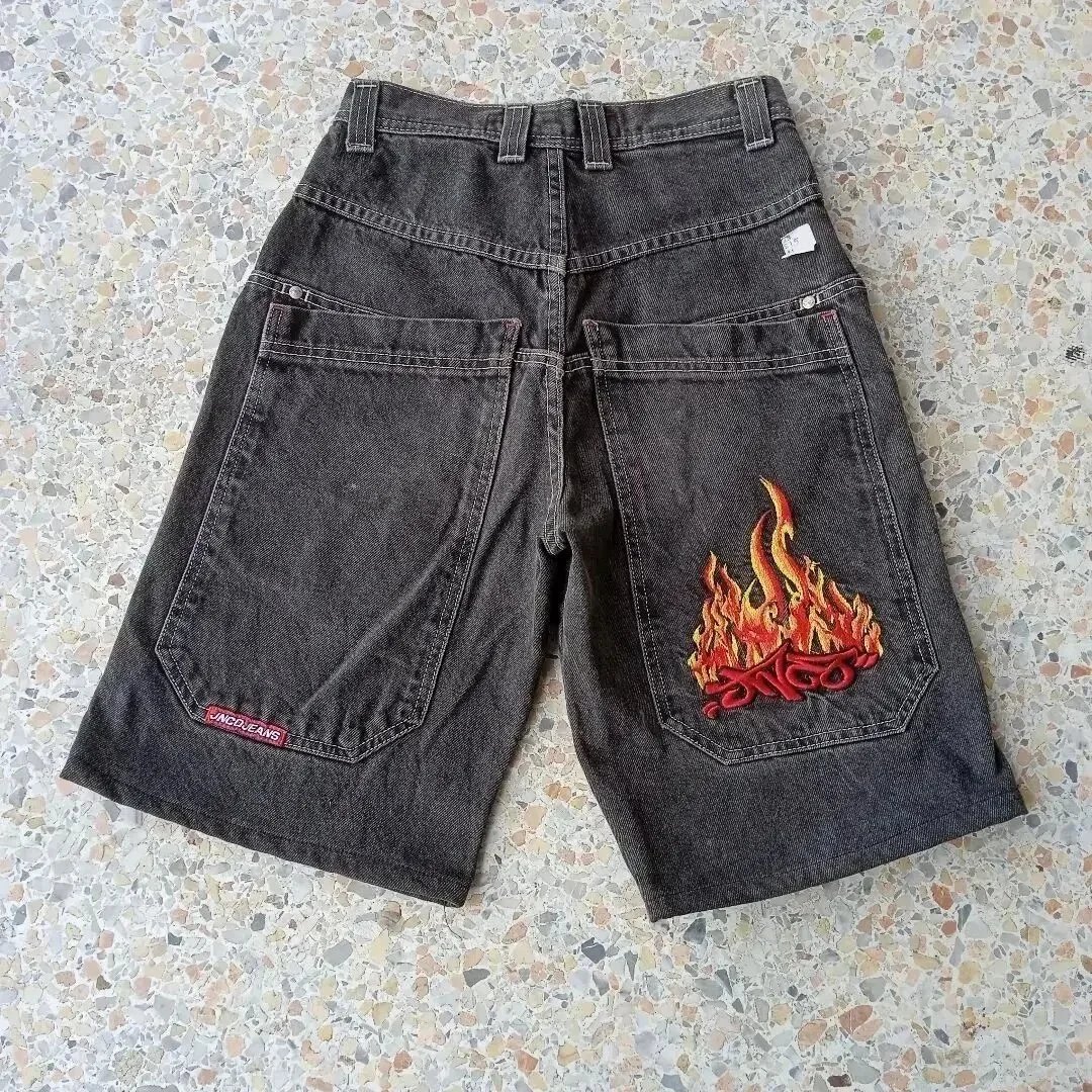 JNCO Shorts Wide-Leg Denim with Embroidered Back-Pocket Graphic — D17 Black and Gray