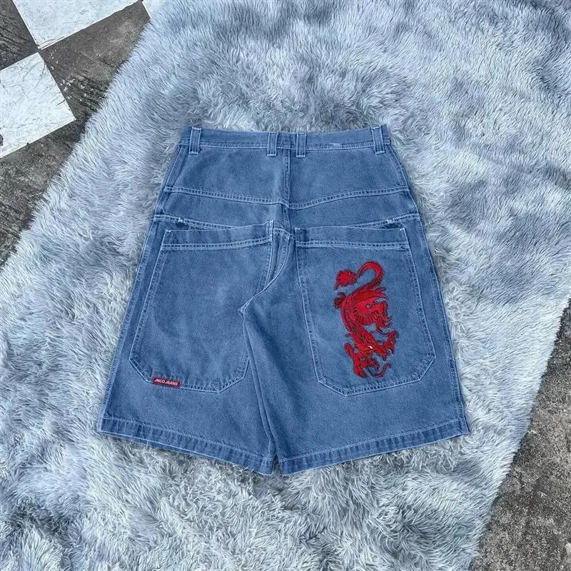 JNCO Shorts Wide-Leg Denim with Embroidered Back-Pocket Graphic — D10 blue