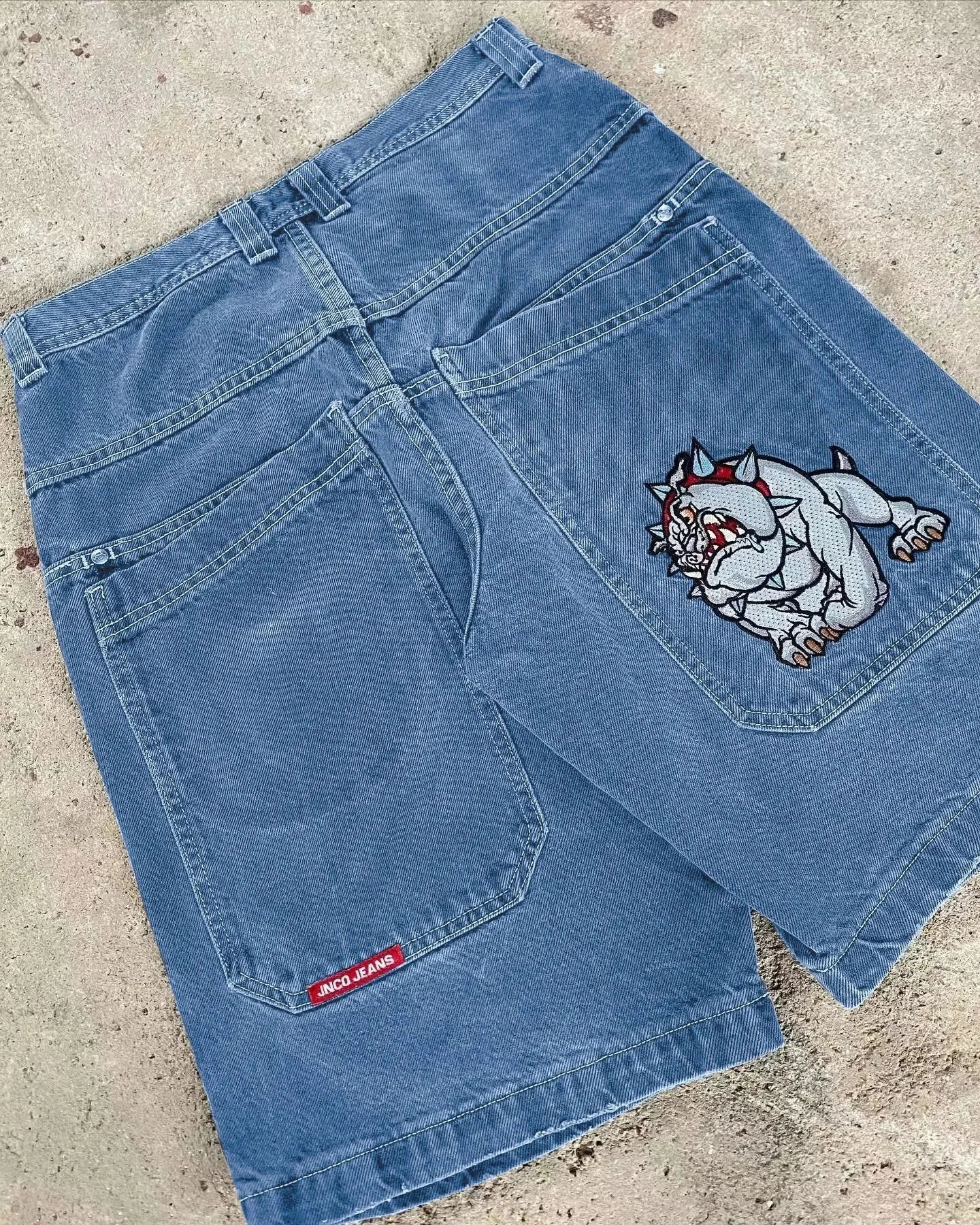 JNCO Shorts Wide-Leg Denim with Embroidered Back-Pocket Graphic — D13 blue