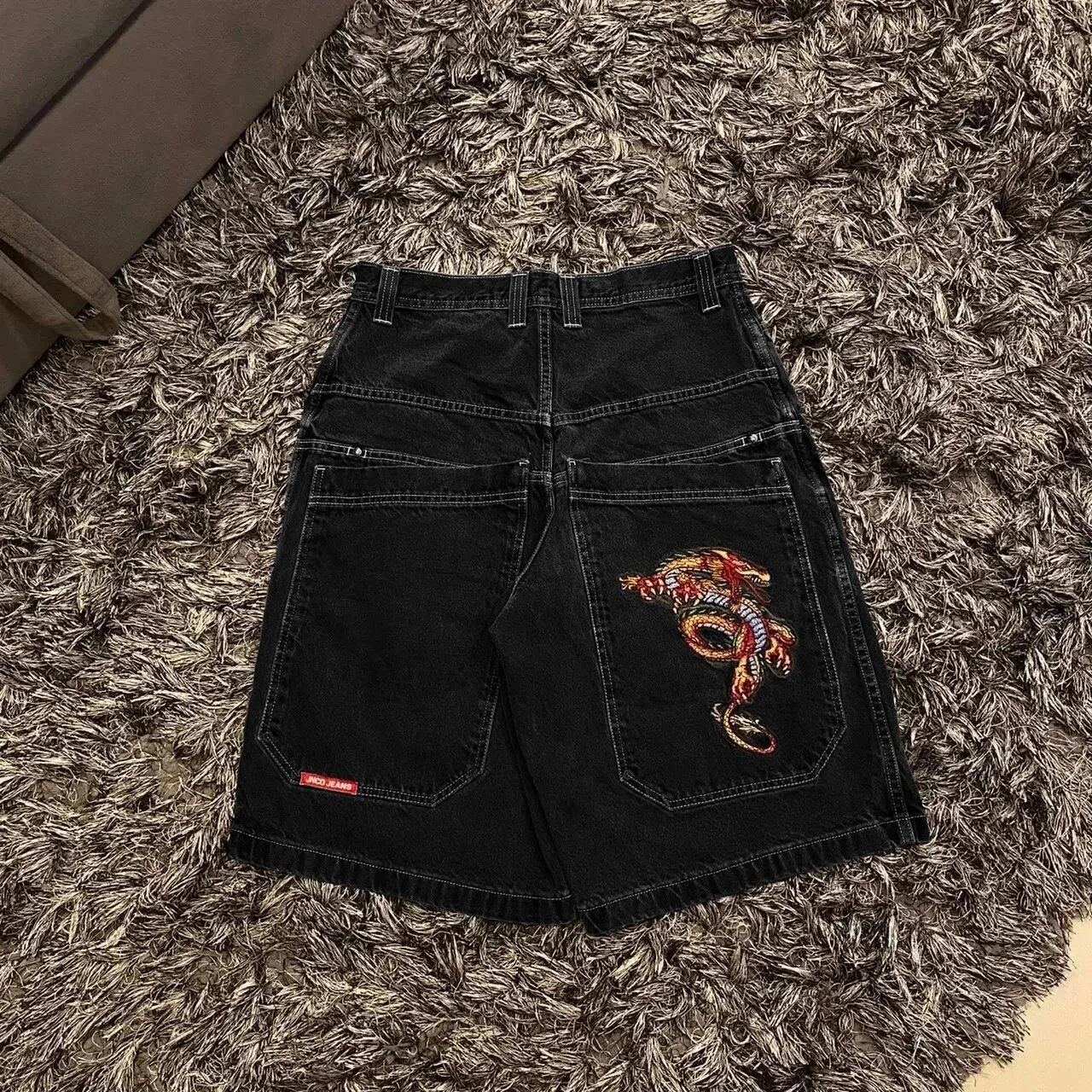 JNCO Shorts Wide-Leg Denim with Embroidered Back-Pocket Graphic — D02 Black