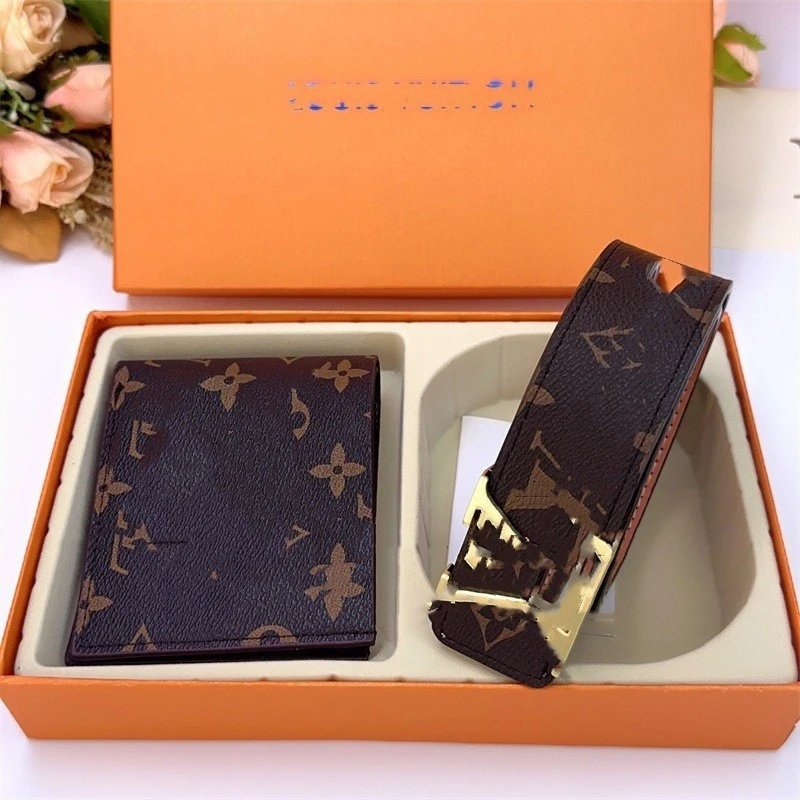 Wallet and Belt Set with Leather Belt and Smooth Buckle
