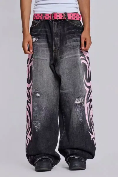 Design Wide-Leg Distressed Jeans with Pink Tribal Print - 1