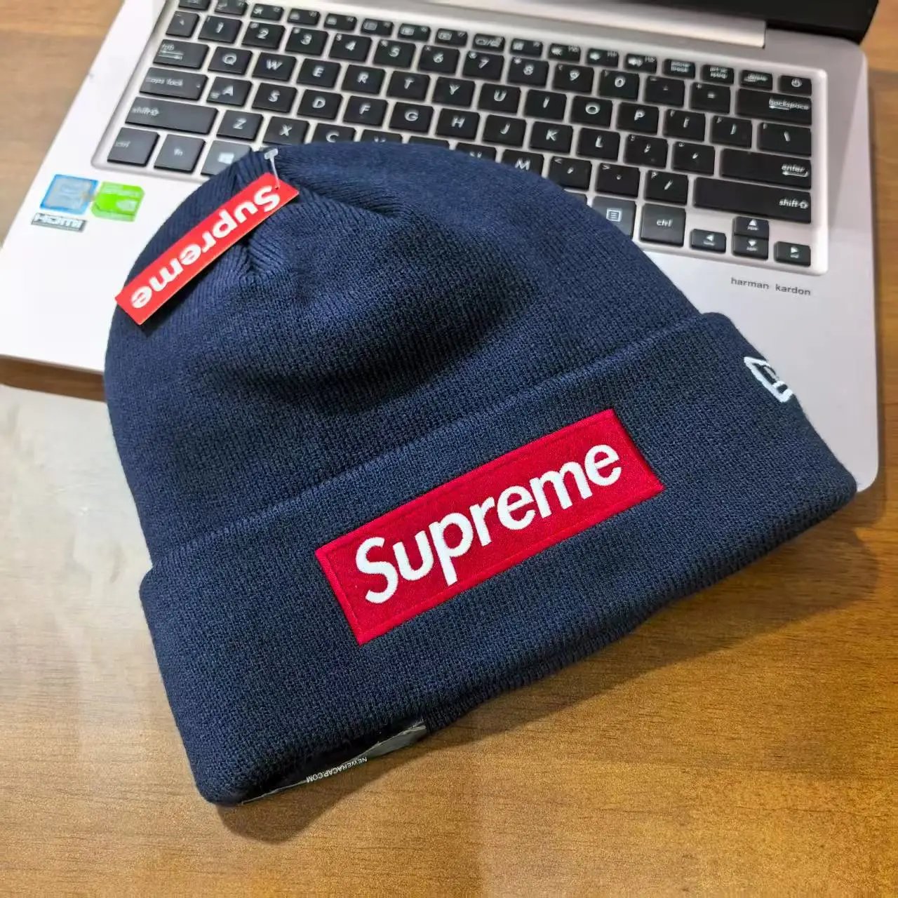 Navy blue red label