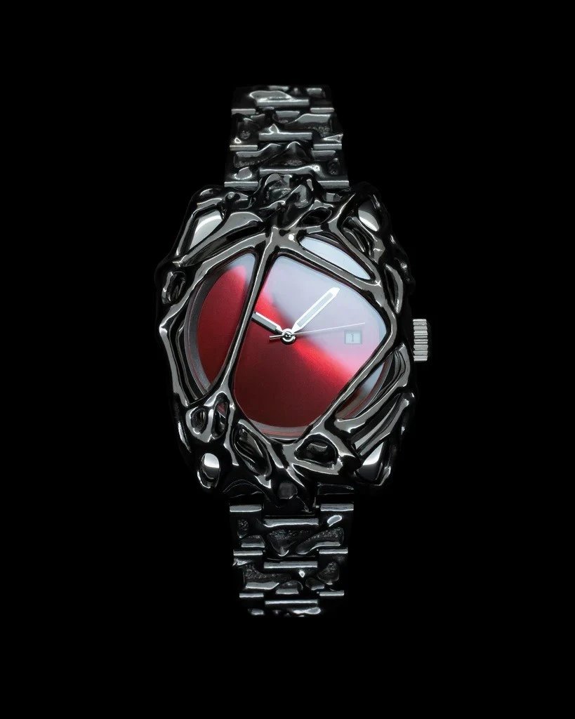 Unique Red Dial Black Watch with Intricate Frame Design