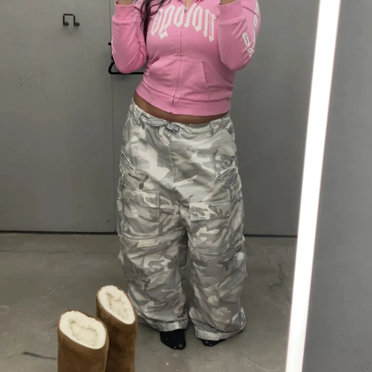 Pink Zip-Up Hoodie with Camo Cargo Pants