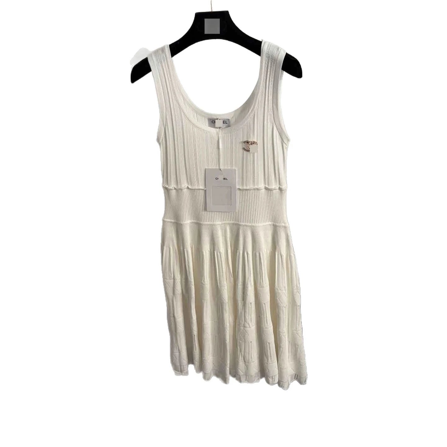 Chanel Dresses Sleeveless ribbed knit fit-and-flare dress with CC brooch image 5