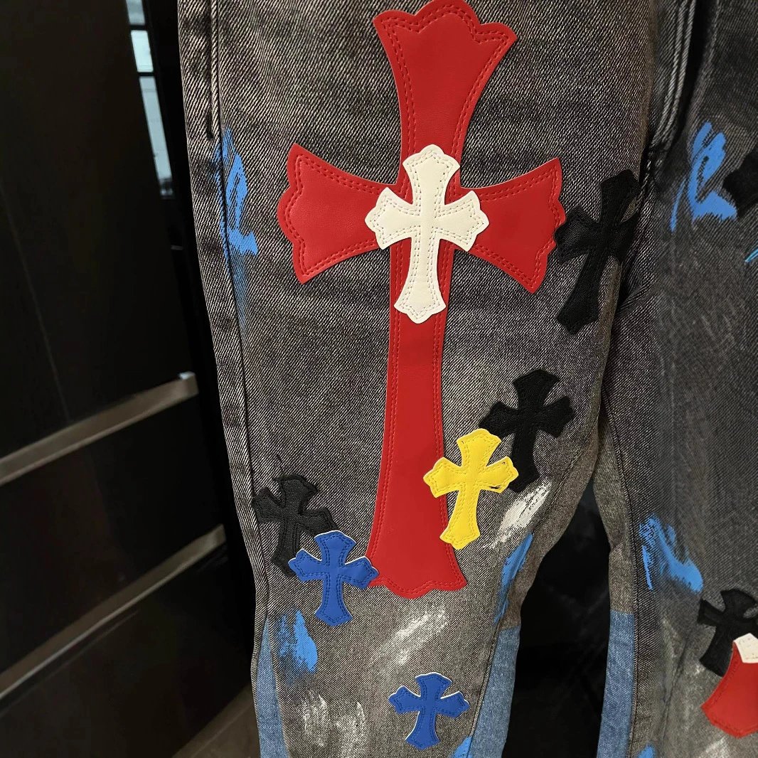 Unbranded Jeans Two-tone washed denim with multicolor cross appliqués and raw hems image 3