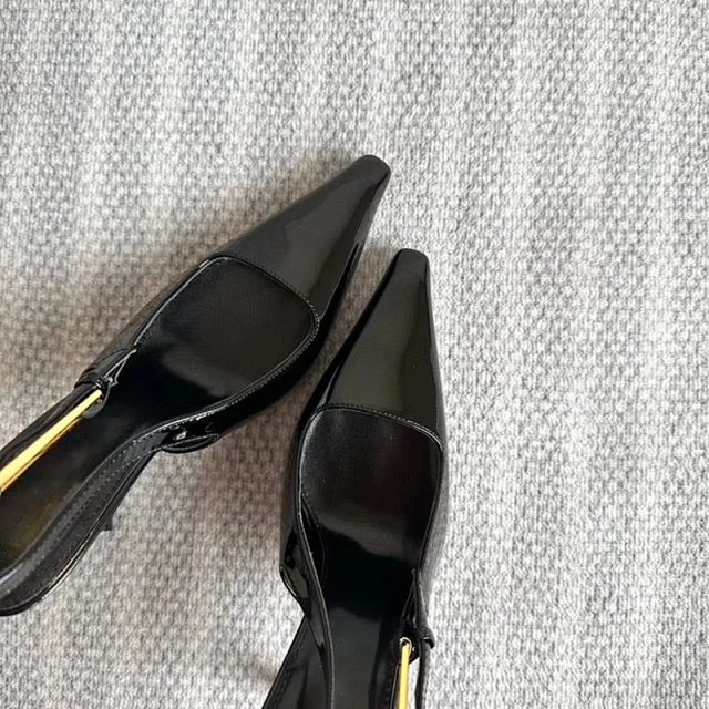 Saint Laurent High Heels Pointed-Toe Patent Leather Slingback Stilettos with Gold-Tone Buckle product detail image 10