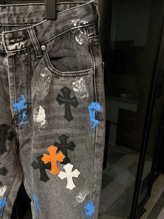 Unbranded Jeans Two-tone washed denim with multicolor cross appliqués and raw hems product detail image 7