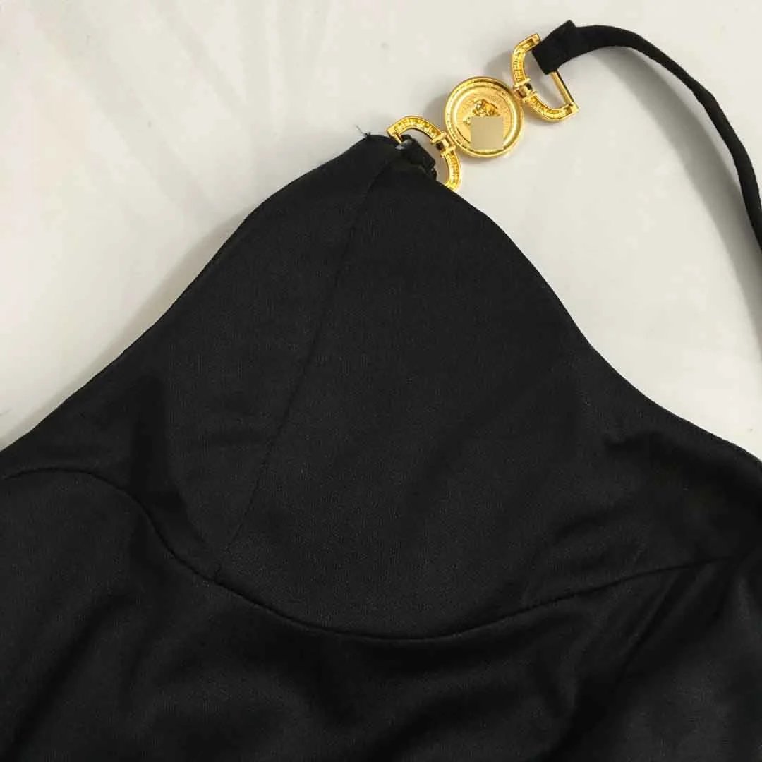 Design Black Ruched Bodysuit with Gold Chain Strap Detail Underwear - 10