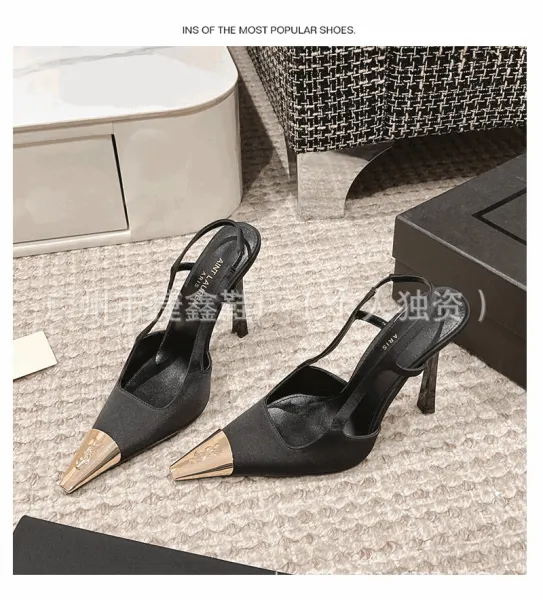Design Slingback Stiletto Heels Black with Gold Toe Cap Heels - 9