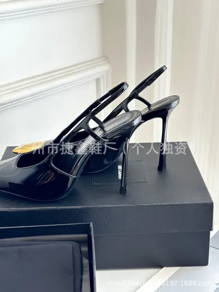 Design Slingback Stiletto Heels Black with Gold Toe Cap Heels - 17